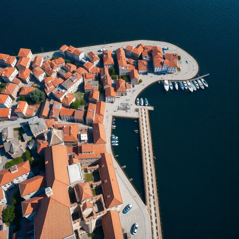 Pogled iz zraka na koprsko staro mesto in pristanišče — strukturirana urbana geometrija